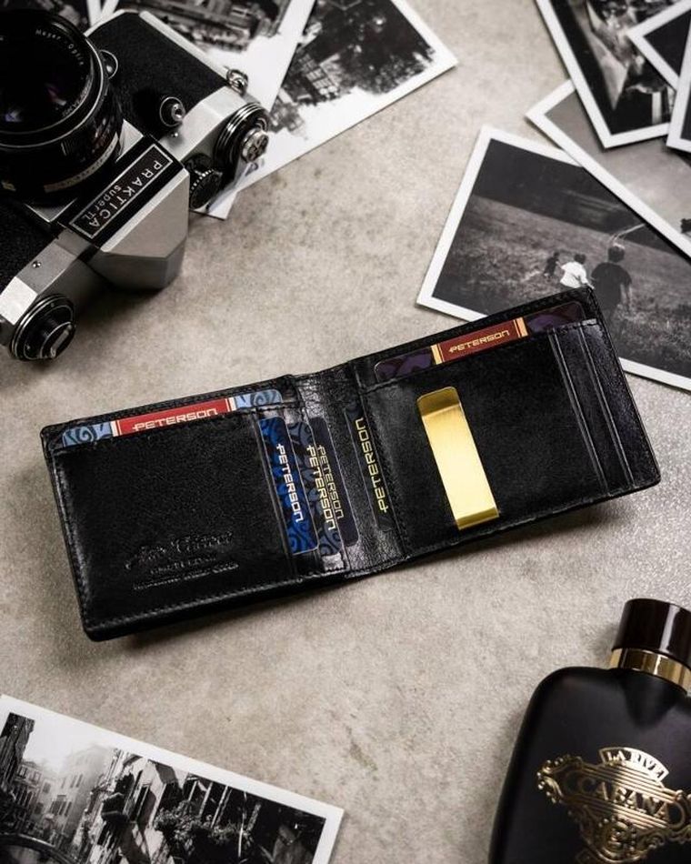 Zestaw: Portfel, Etui na karty, Brelok, czarny, skórzany, RFID, Peterson