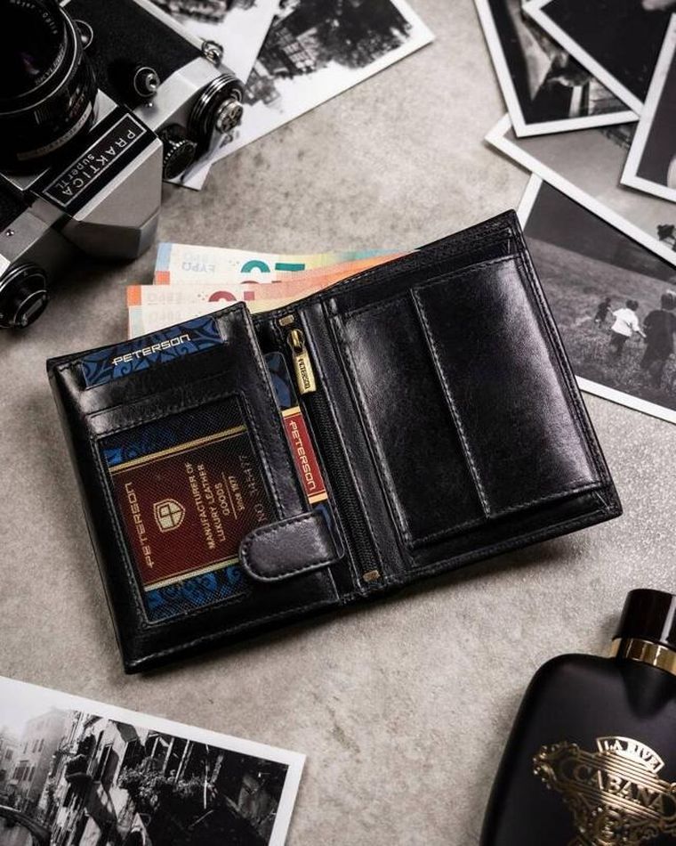 Zestaw: Portfel, Etui na karty, Brelok, czarny, skórzany, RFID, Peterson