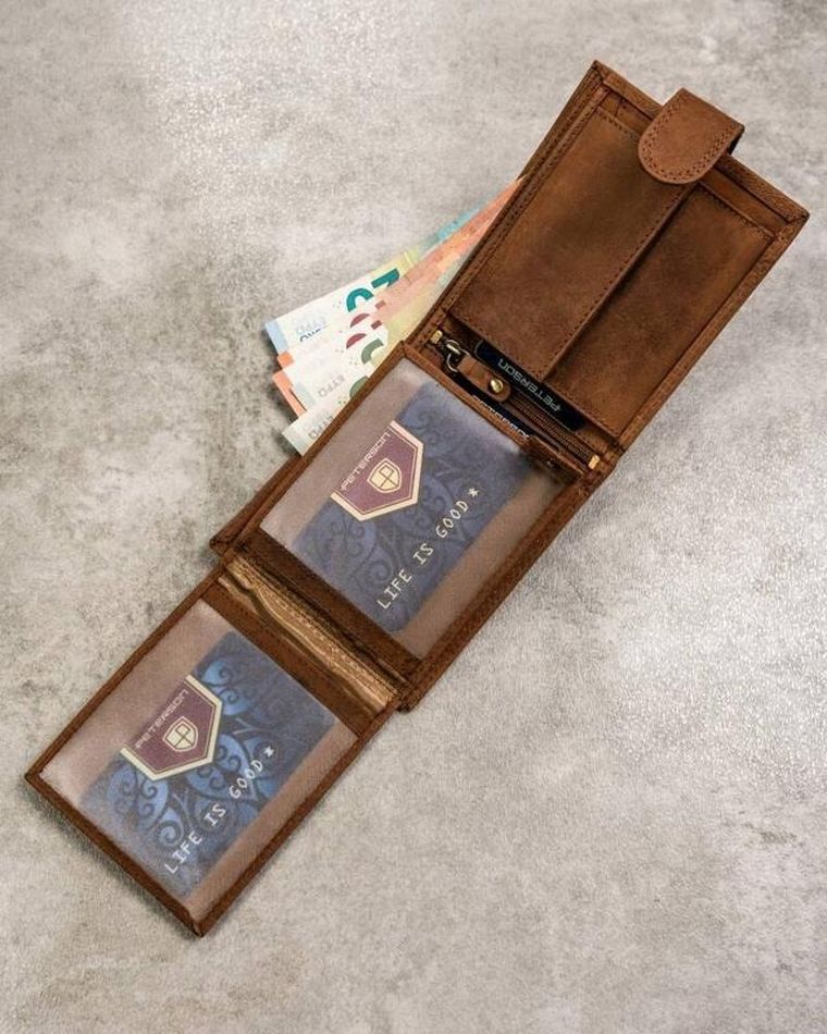 Zestaw prezentowy: Portfel, Brelok, brązowy, skórzany, RFID, Peterson