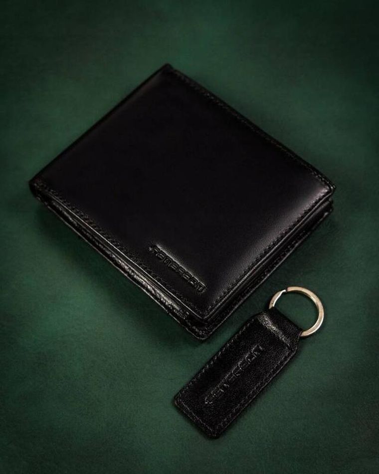 Zestaw prezentowy: Portfel, Brelok, czarny, skórzany, Peterson