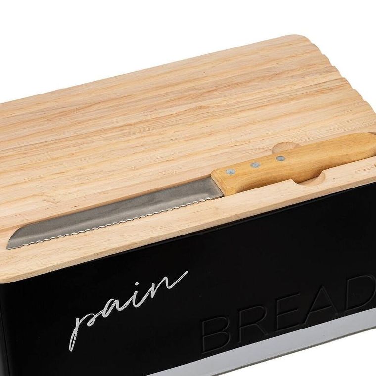 5five Simply Smart, czarny chlebak z deską do krojenia i z nożem z ząbkami, 32.7-20.2-14.5 cm