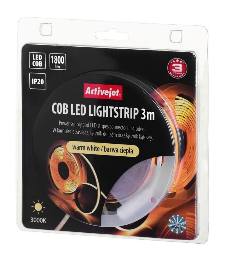 Activejet, taśma LED COB z zasilaczem, barwa ciepła, ip20, 3m