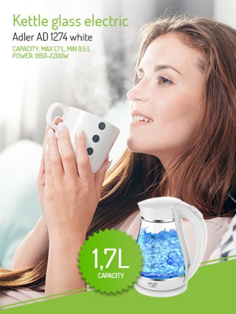 Adler, czajnik elektryczny, biały, 2200W, 1.7l, AD 1274