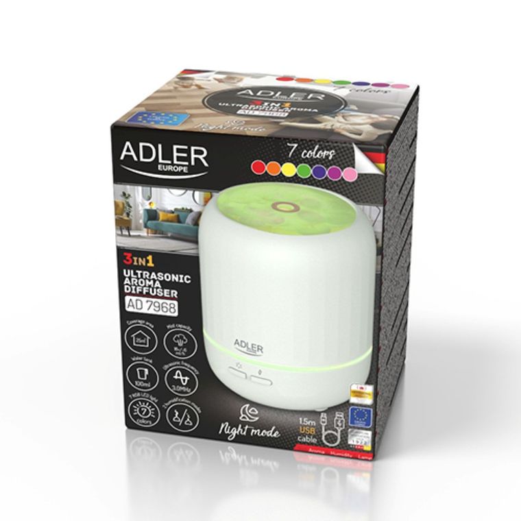 Adler, ultradźwiękowy dyfuzor zapachowy USB z kolorowym podświetleniem, 3w1, AD 7968