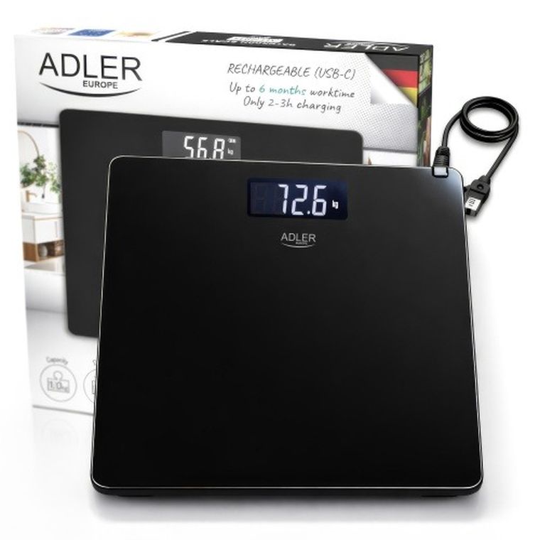 Adler, waga łazienkowa USB-C, akumulatorowa, do 180 kg