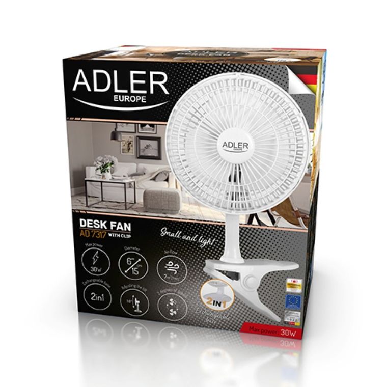 Adler, wentylator, 15 cm z klipsem + podstawa, 30W, AD 7317
