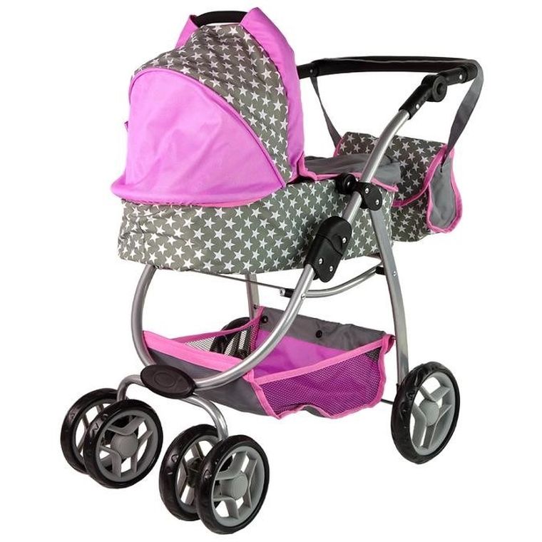 Alice, wózek dla lalek 2w1, spacerówka gondola, torba, gwiazdki, różowy