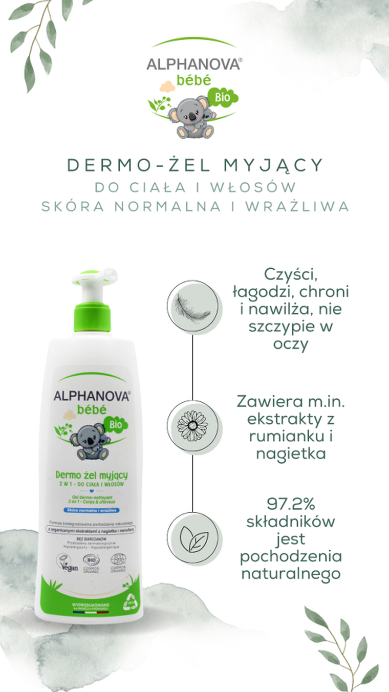 Alphanova Bebe, Dermo - Żel do mycia ciała i włosów, 500 ml