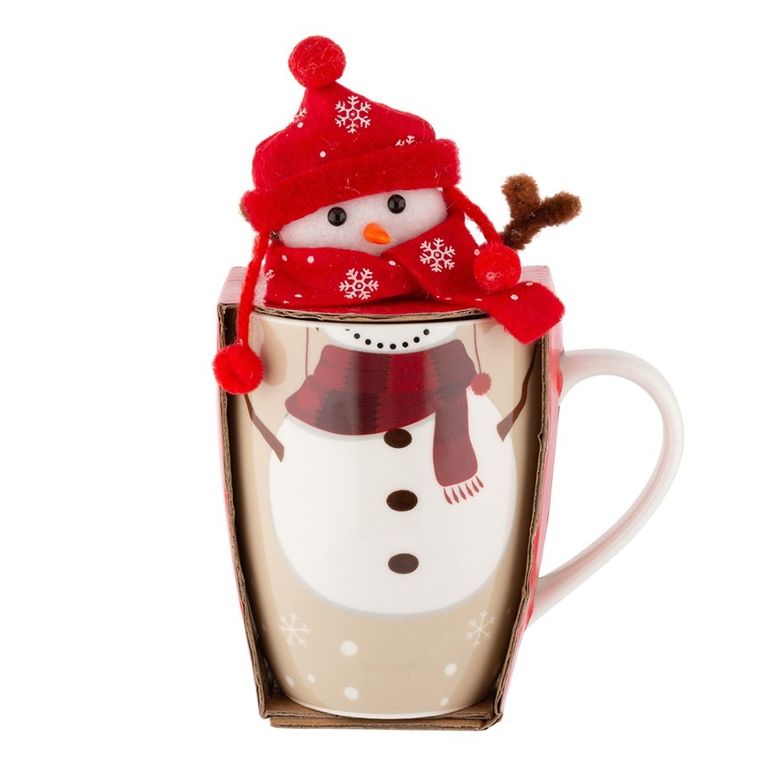 Altom Design, zimowy kubek baryłka nbc, 340 ml, z maskotką, bałwanek, w opasce