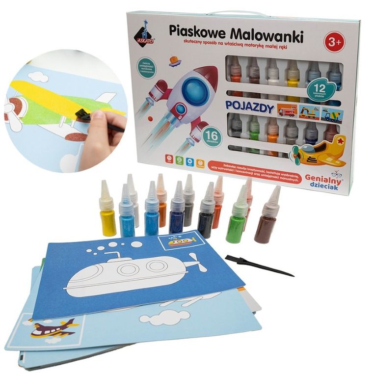 Askato, Genialny dzieciak, piaskowa malowanka pojazdy