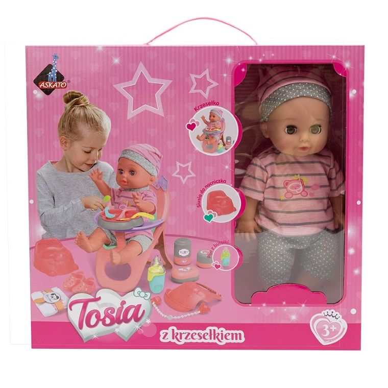 Askato, lalka z krzesełkiem do karmienia, szaro-różowe ubranko
