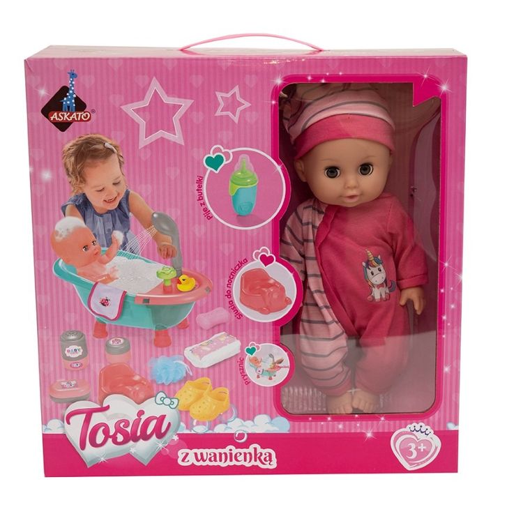 Askato, lalka z wanienką, różowe ubranko