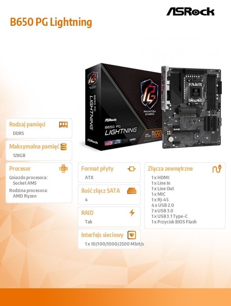 Asrock, płyta główna, B650 PG LIGHTNING AM5 4DDR5 HDMI M.2 ATX