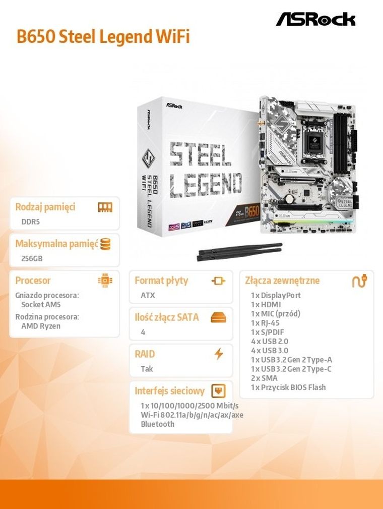 Asrock, płyta główna, B650 STEEL LEGEND WIFI AM5 4DDR5 HDMI/DP M.2 ATX