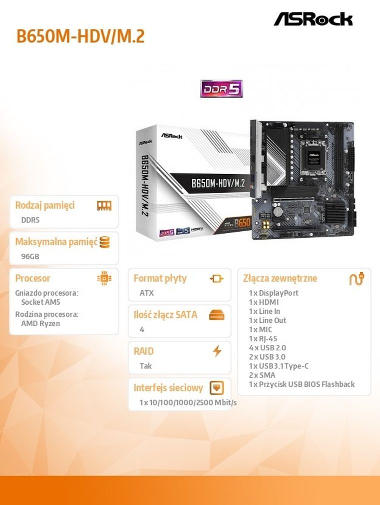 Asrock, płyta główna, B650M-HDV/M.2 AM5 2DDR5 HDMI/DP mATX