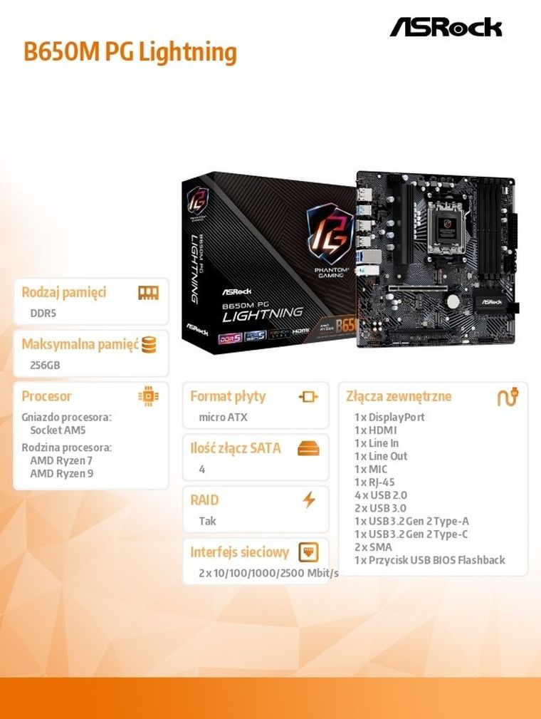 Asrock, płyta główna, B650M PG LIGHTNING AM5 4DDR5 HDMI/DP mATX