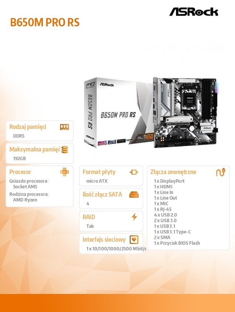 ASRock, płyta główna, B650M PRO RS AM5 4DDR5 HDMI/DP mATX