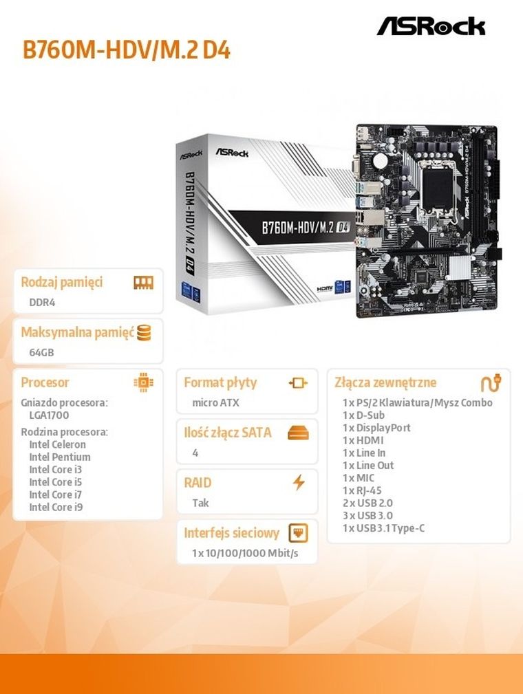 ASRock, płyta główna, B760M-HDV/M.2 D4 s1700 2DDR4 DP/HDMI mATX