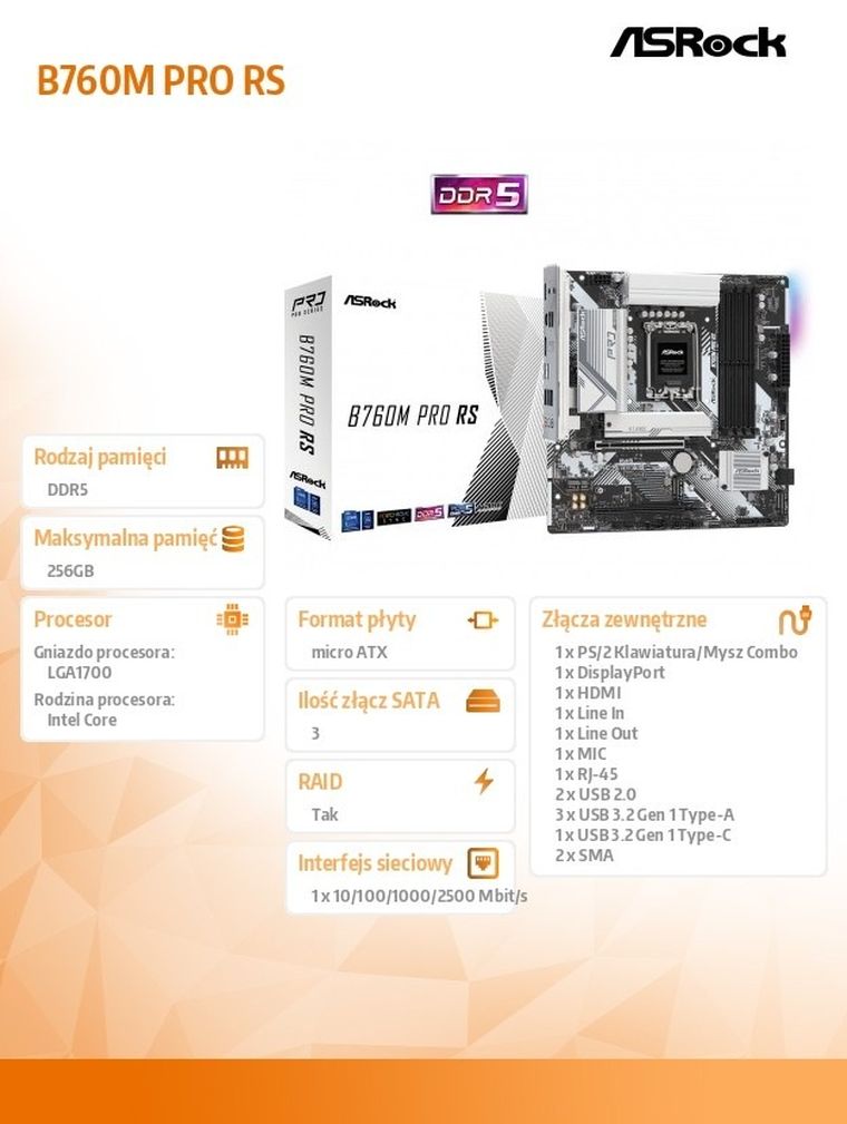 ASRock, płyta główna, B760M Pro RS s1700 4DDR5 DP/HDMI mATX
