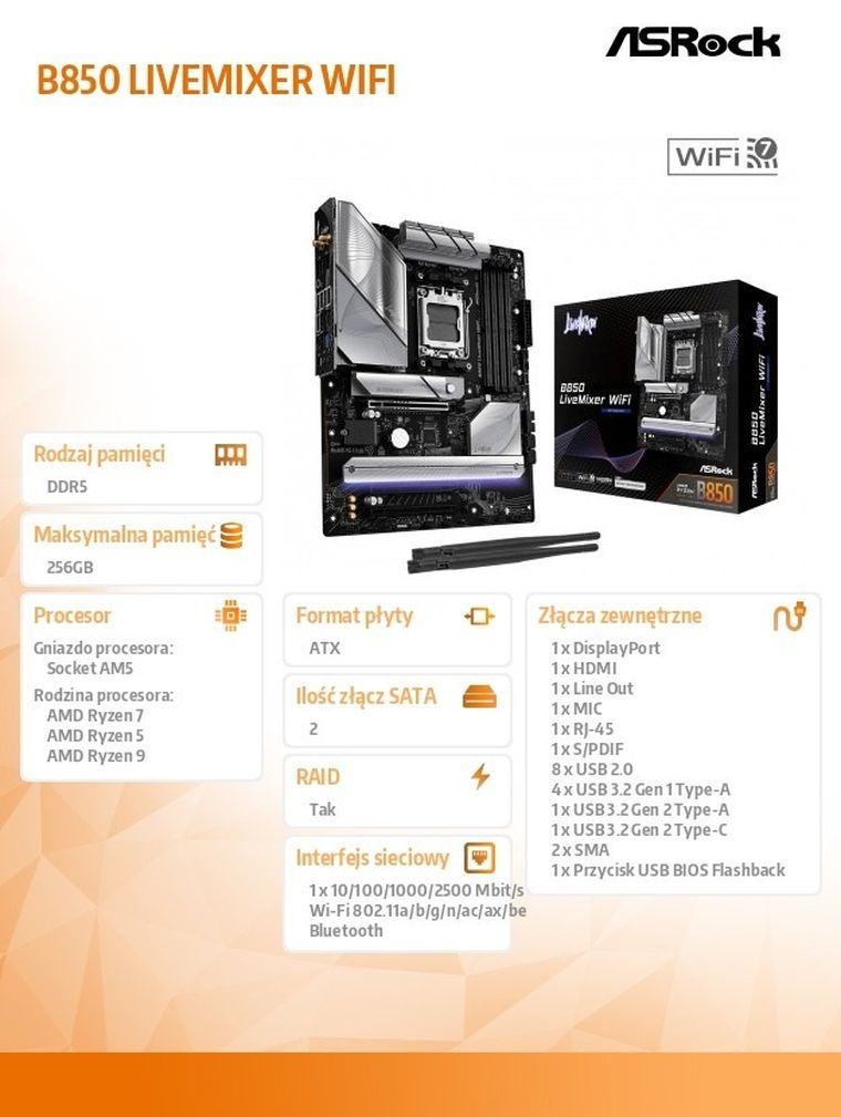 ASRock, płyta główna, B850 LIVEMIXER WIFI AM5 4DDR5 USB3.2 ATX