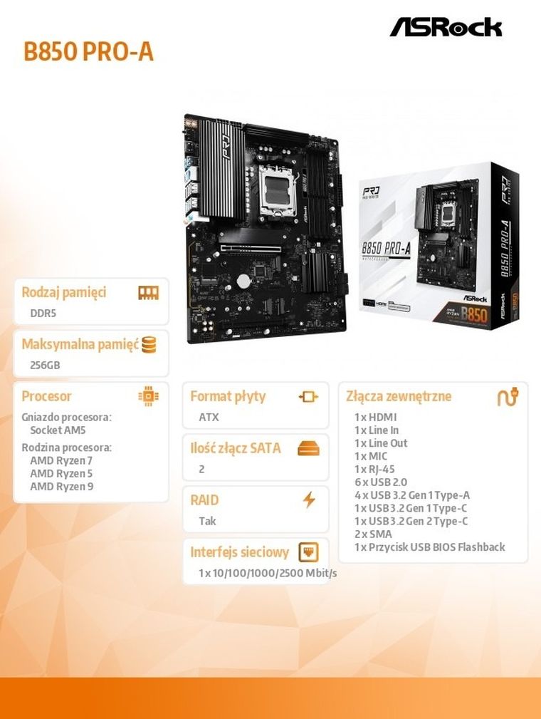 ASRock, płyta główna, B850 PRO-A AM5 4DDR5 ATX