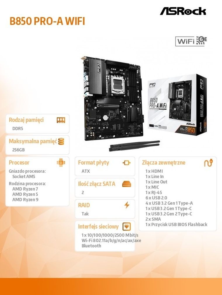 ASRock, płyta główna, B850 PRO-A WIFI AM5 4DDR5 ATX
