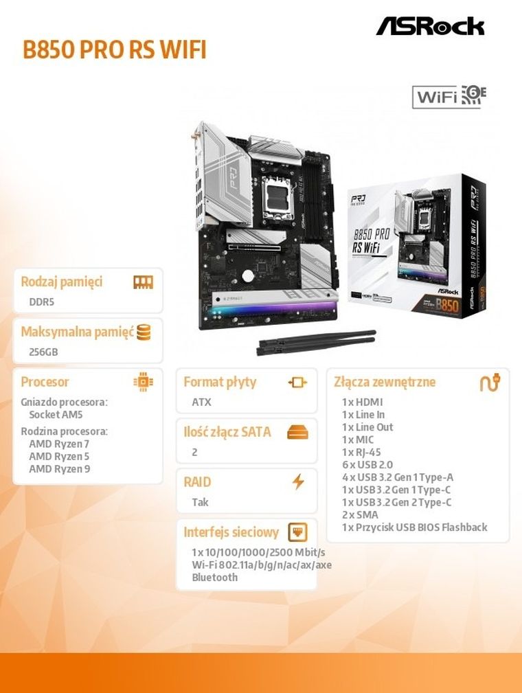 ASRock, płyta główna, B850 PRO RS WIFI AM5 4DDR5 ATX