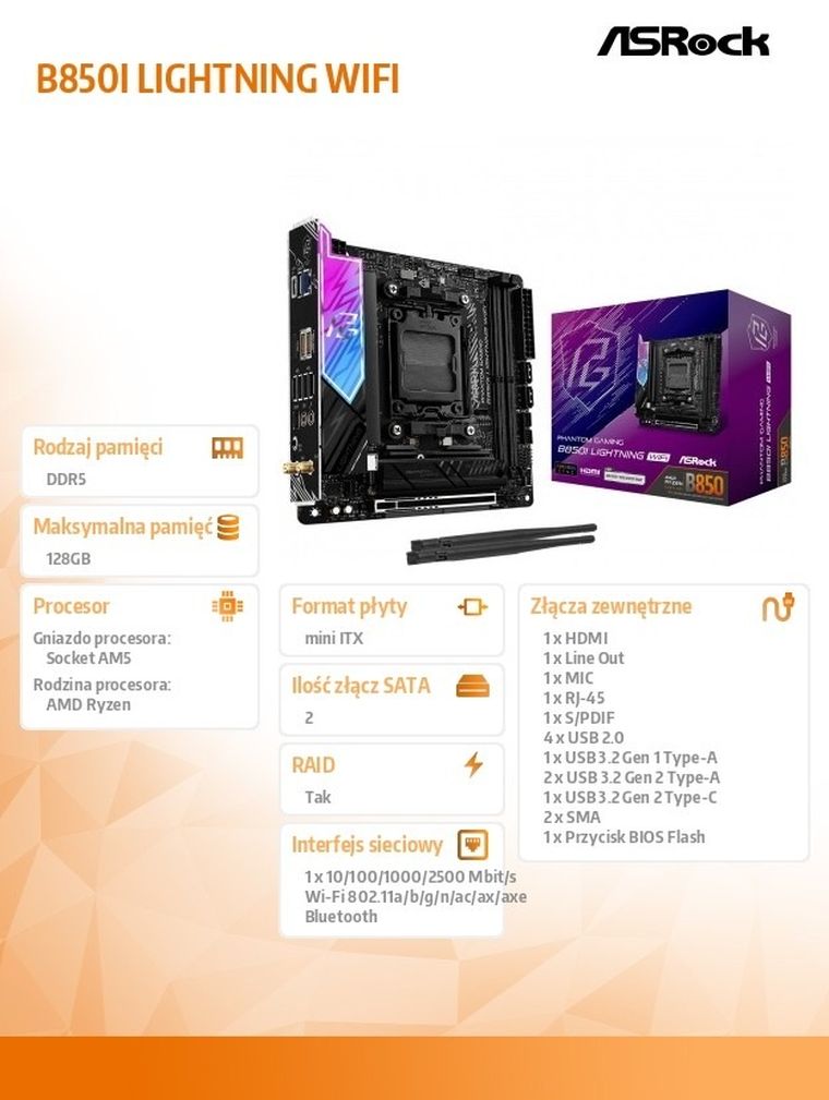 ASRock, płyta główna, B850I LIGHTNING WIFI AM5 2DDR5 ITX