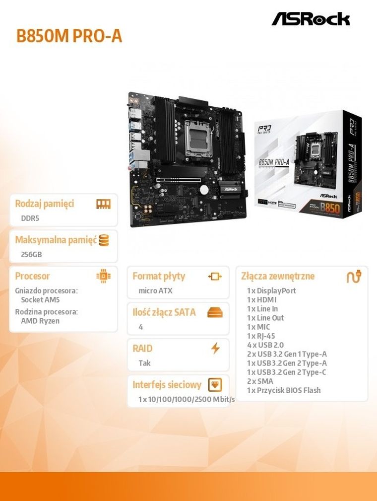 ASRock, płyta główna, B850M PRO-A AM5 4DDR5 M.2 HDMI/DP mATX