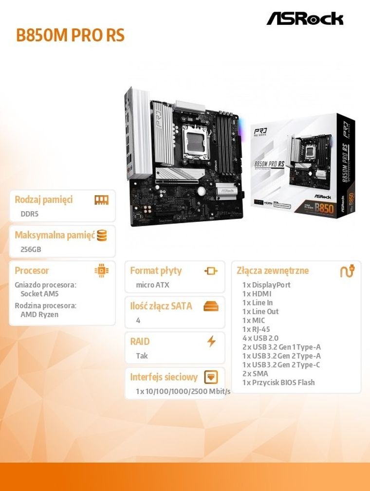 ASRock, płyta główna, B850M PRO RS AM5 4DDR5 mATX