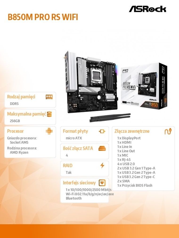 ASRock, płyta główna, B850M PRO RS WIFI AM5 4DDR5 mATX
