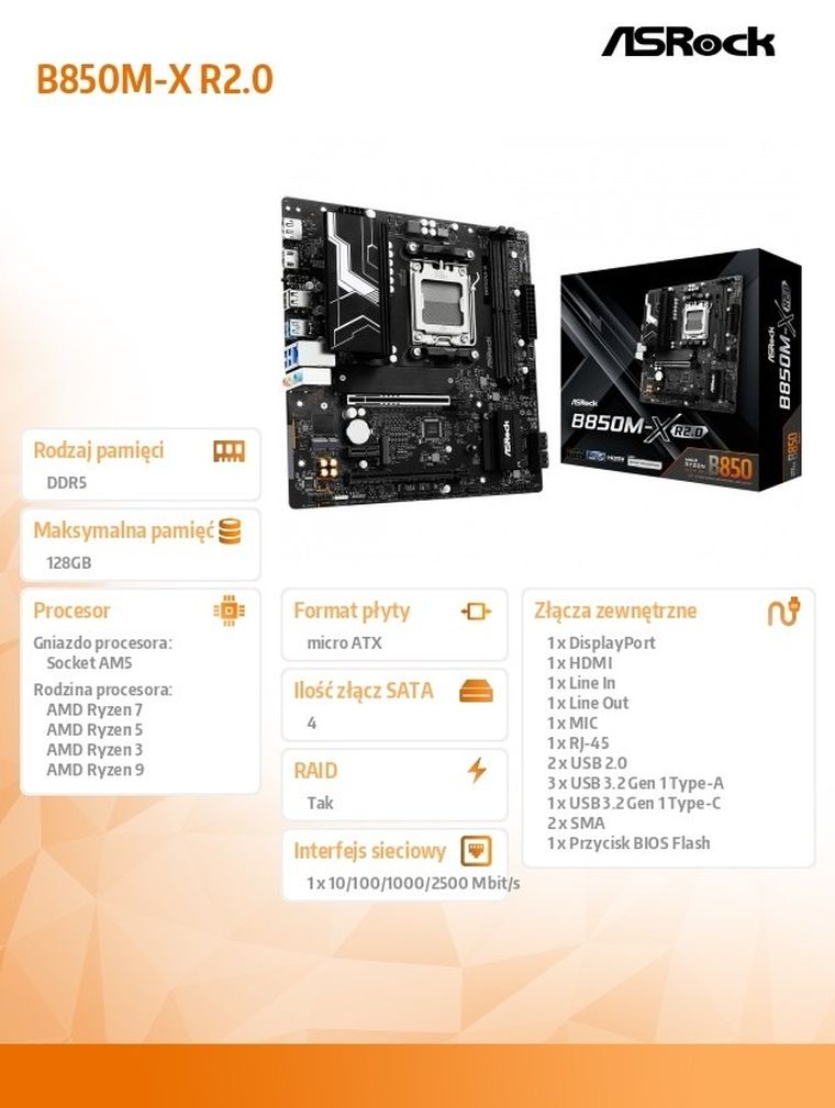 ASRock, płyta główna, B850M-X R2.0 AM5 2DDR5 M.2 USBC mATX