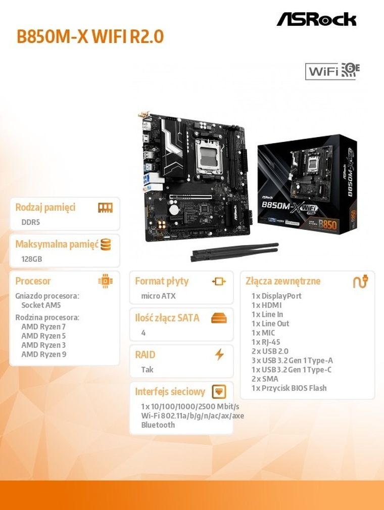ASRock, płyta główna, B850M-X WIFI R2.0 AM5 2DDR5 M.2 USBC mATX