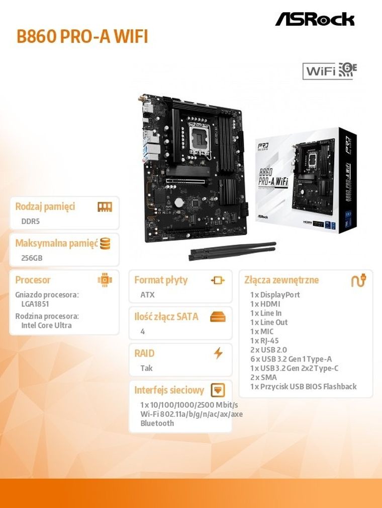ASRock, płyta główna, B860 PRO-A WIFI s1851 4DDR5 ATX