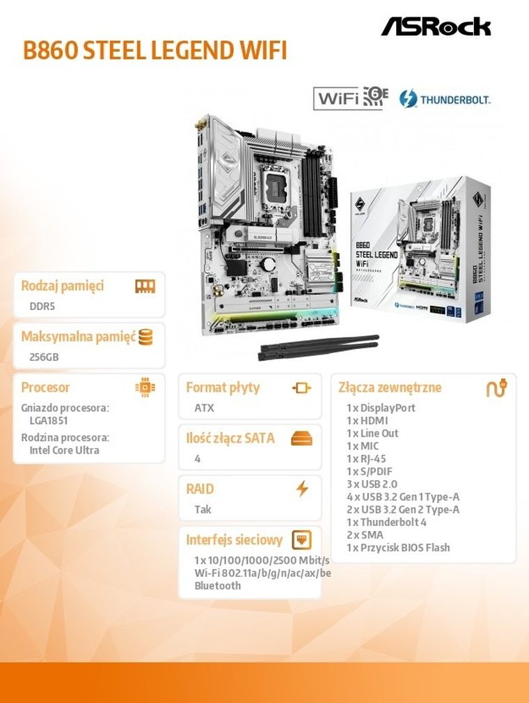 ASRock, płyta główna, B860 Steel Legend WiFi s1851 4DDR5 TB ATX