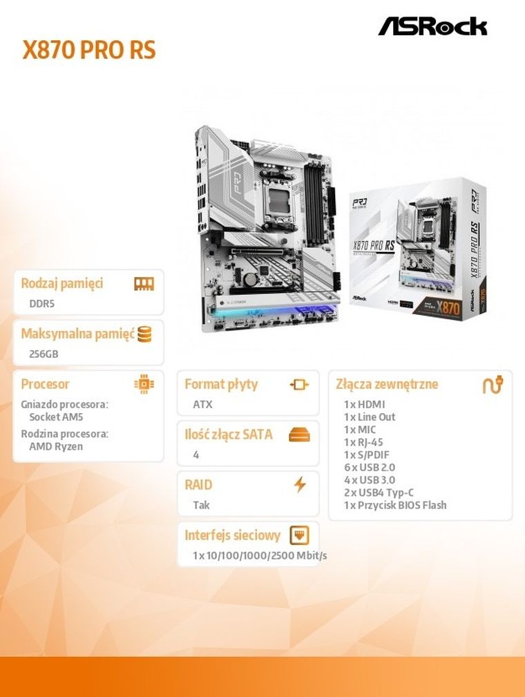 ASRock, płyta główna, X870 PRO RS AM5 4DDR5 M.2 ATX