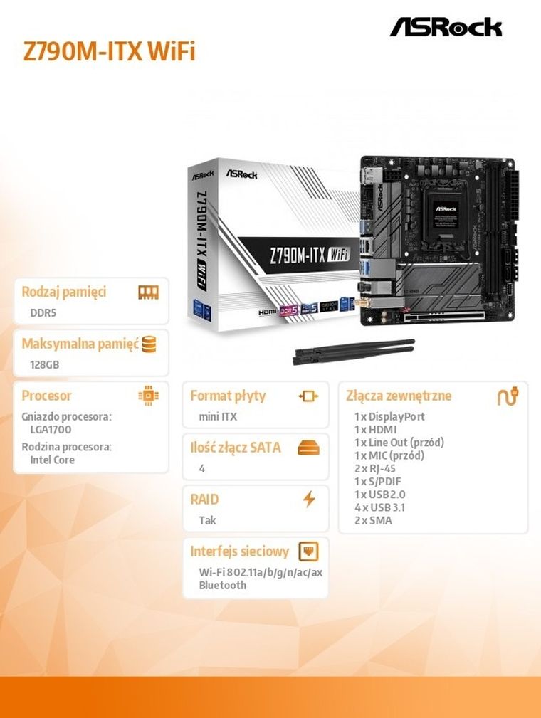 ASRock, płyta główna, Z790M-ITX WIFI S1700 2DDR5 HDMI M.2 mITX