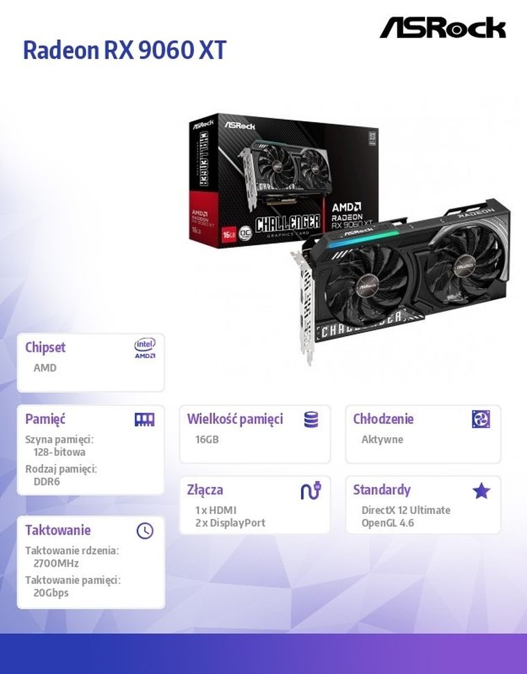 Asrock, Radeon RX 9060 XT Challenger, karta graficzna, 16GB GDDR6 128bit 2DP/HDMI