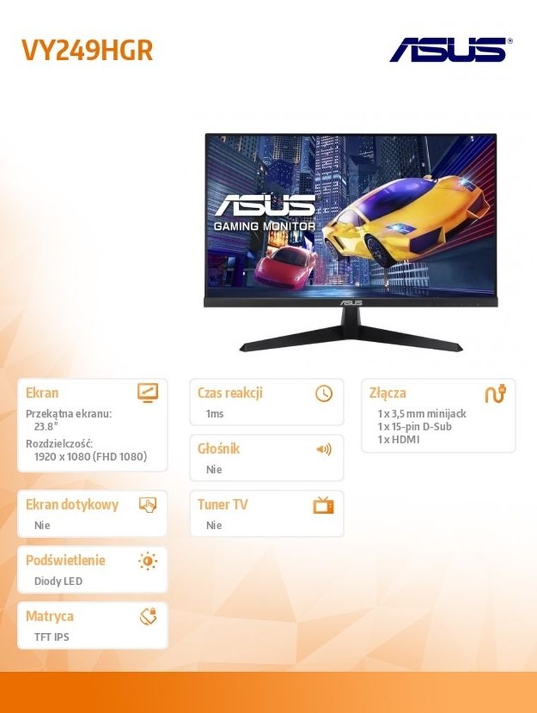 Asus, monitor, 23.8", VY249HGR FHD IPS 120Hz HDMI VGA 1MS