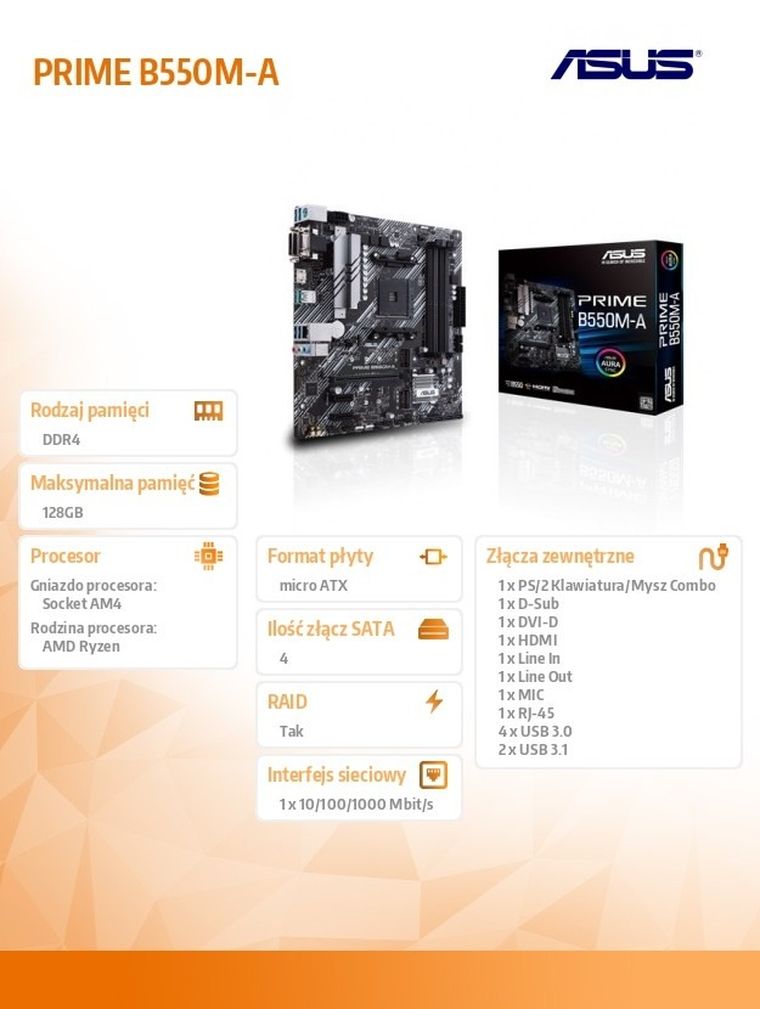 Asus, płyta główna, PRIME B550M-A AM4 4DDR4 DVI-D/HDMI M.2 mATX