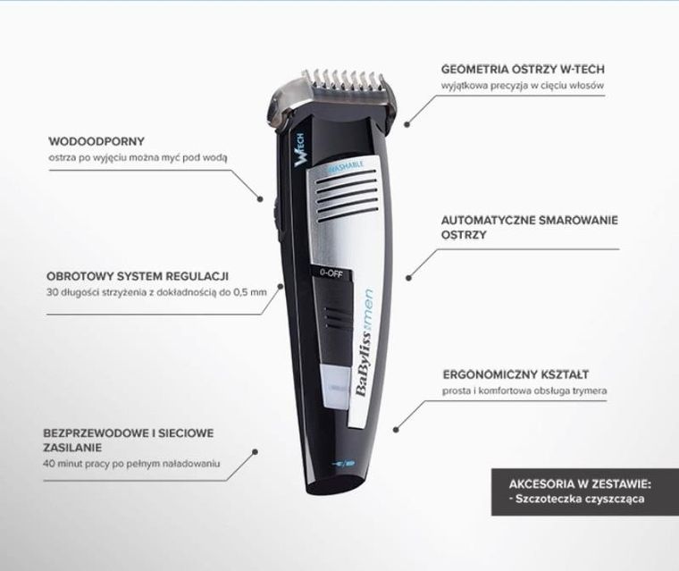 Babyliss, trymer, E846E W-tech, srebrny
