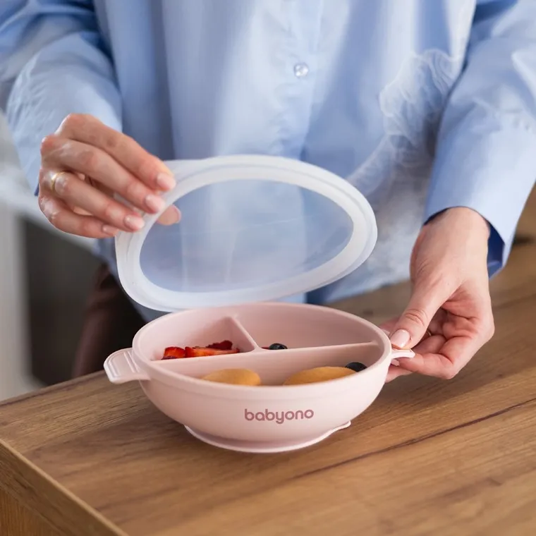 BabyOno, silikonowy talerzyk z przyssawką i przykrywką, różowy