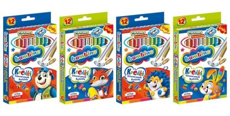 Bambino, kredki drewniane, temperówka, 12 kolorów