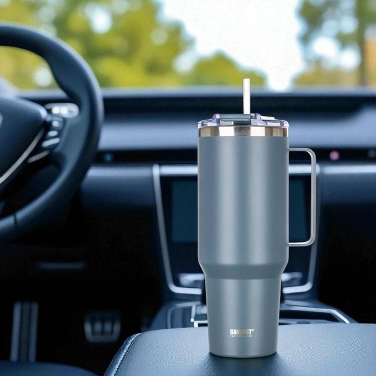 Banquet, Twain, stalowy kubek termiczny, termos z rączką i słomką, szary, 1200 ml