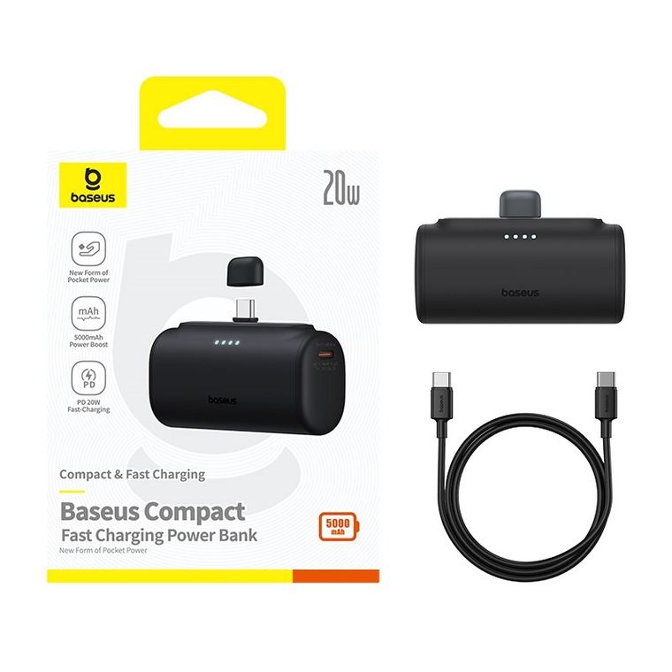 Baseus, powerbank, Compact, 5000mAh, USB-C, czarny