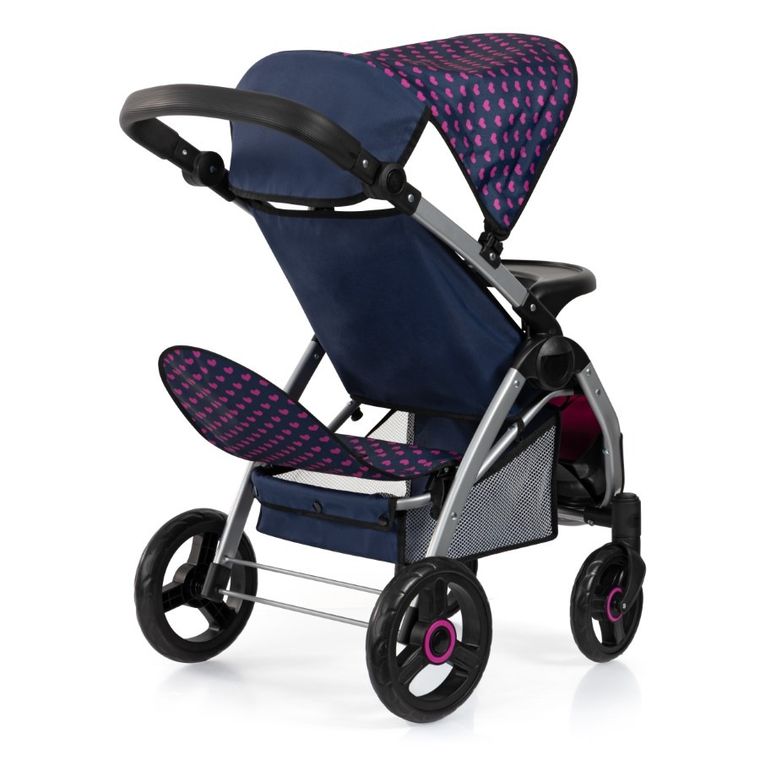 Bayer Design, Jogger Duo, bliźniaczy wózek dla lalek z torbą, granatowo-różówy z jednorożcem