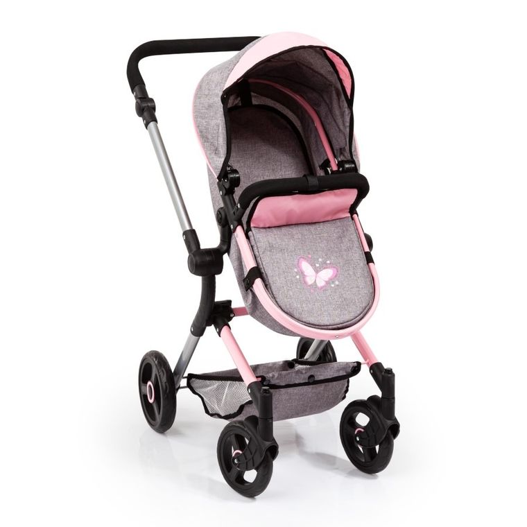 Bayer Design, Neo Vario Combi, głęboki wózek dla lalek z torbą, szaro-różowy i motylkiem
