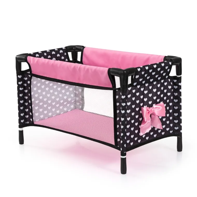 Bayer Design, Xeo Combi, głęboki wózek dla lalek, zestaw z łóżkiem turystycznym, torbą i akcesoriami, czarno-różowy