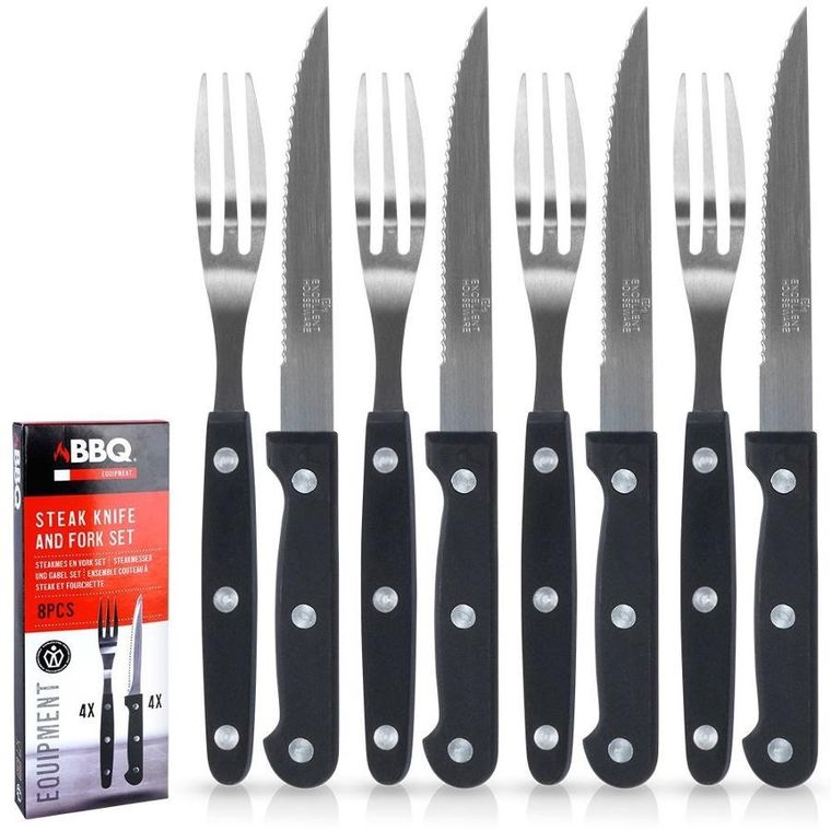 BBQ, sztućce do steków i burgerów, stalowe, 8 elementów