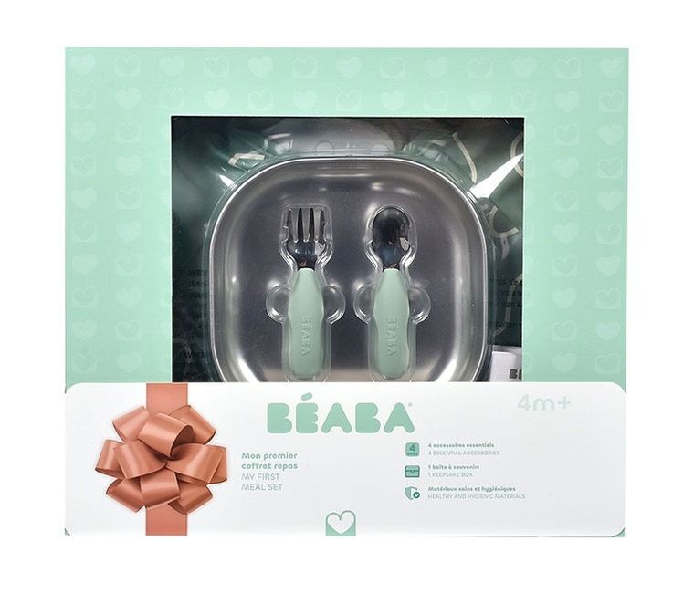Beaba, First Meals 3w1, zestaw prezentowy: talerzyk + zestaw sztućców + śliniak, sage green